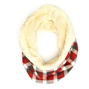 Infinity Neck Warmer Cream Sherpa Scarf Ivory Red Checks Reversible Plaid  NEW